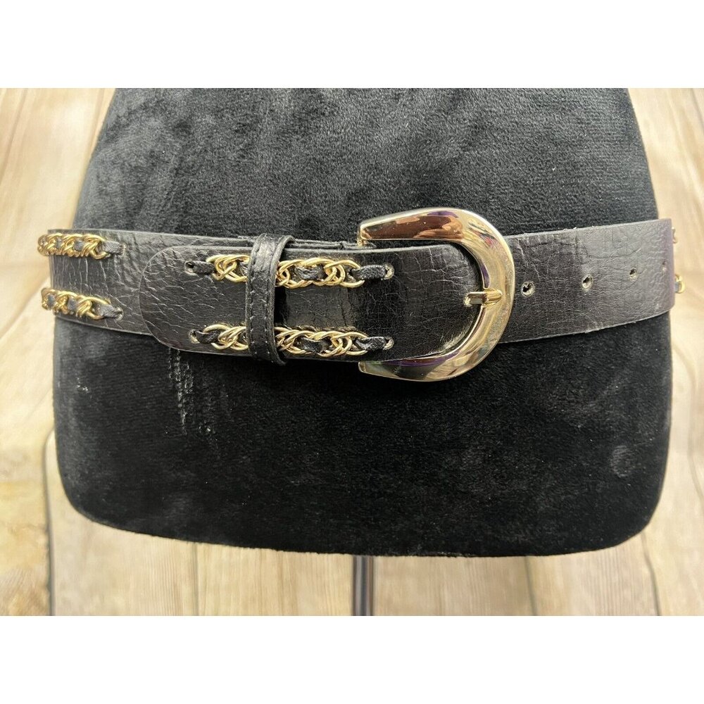 Women Faux Leather‎ Belt Double Gold Tone Chain Sz S Mob Wife Chic Statement
